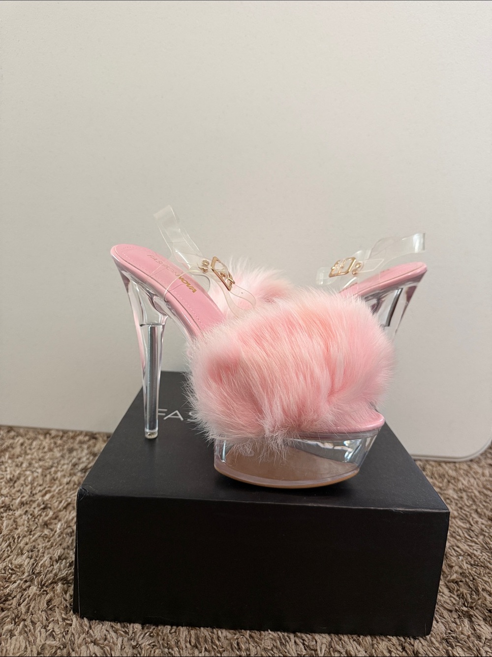 Fashion Nova Pink Faux Fur Clear Platform Mule